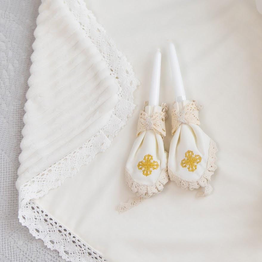 Baby Boy Christening Outfit with Baptism Towel and Candles