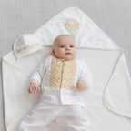 Linen christening clothes for baby boy – shirt, trousers, hat, booties
