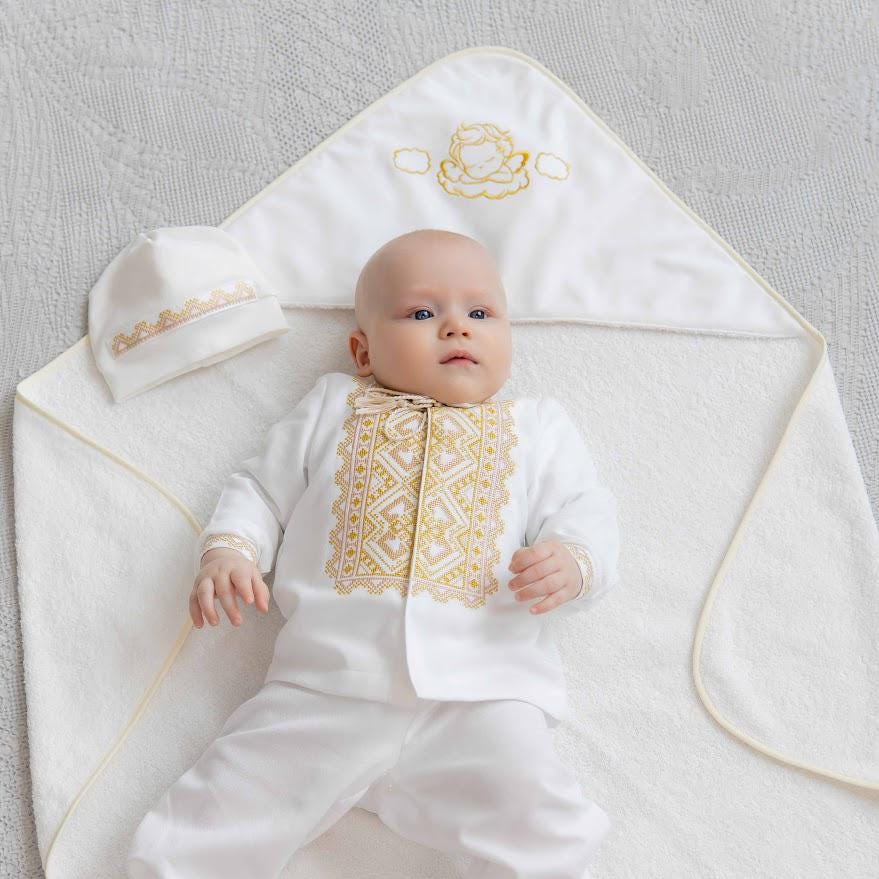 Linen christening clothes for baby boy – shirt, trousers, hat, booties
