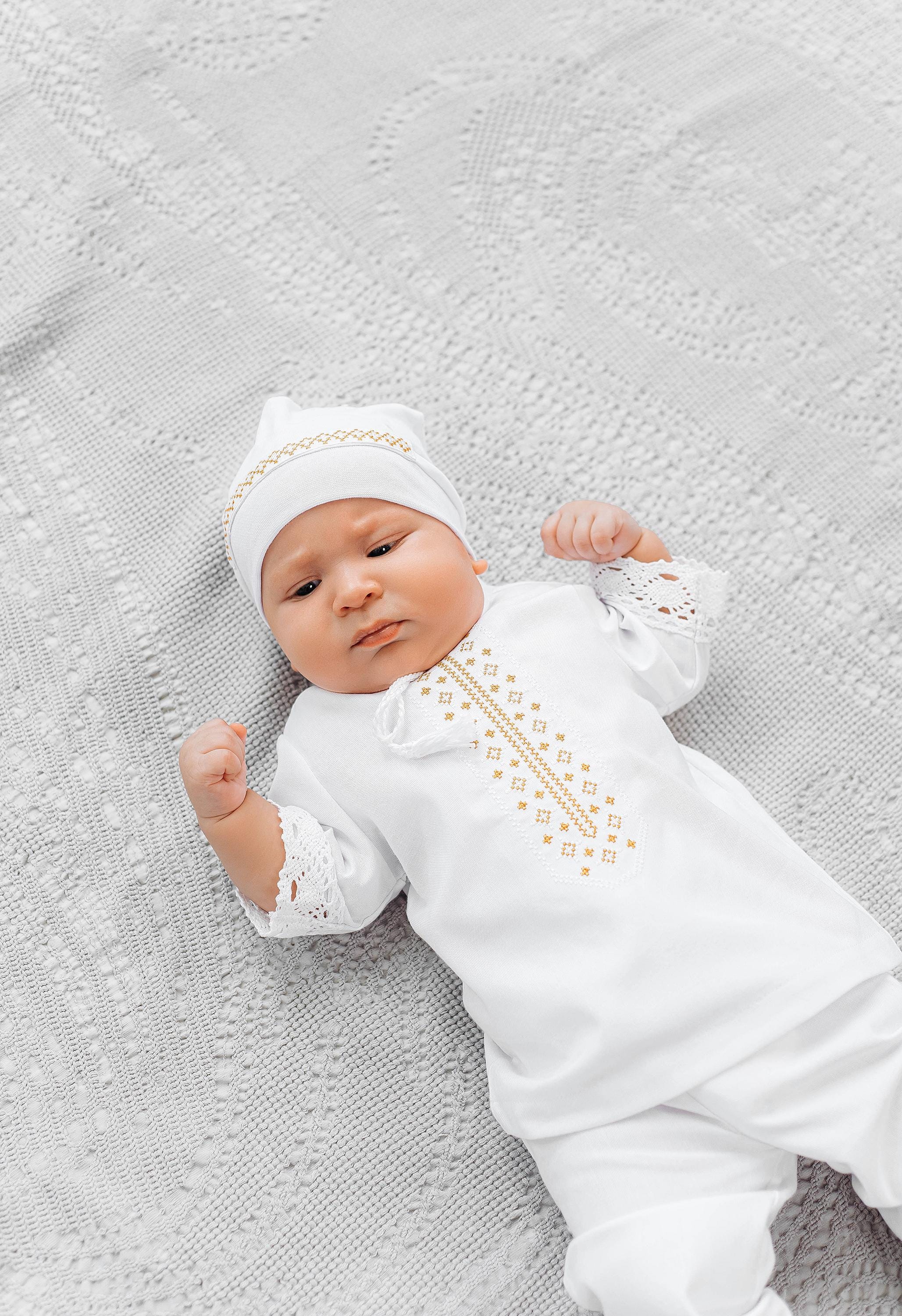 Baptism outfit boy, Linen Baby Outfit – 4-Piece Embroidered Set for Special Occasions (Shirt, Pants, Booties, Hat)