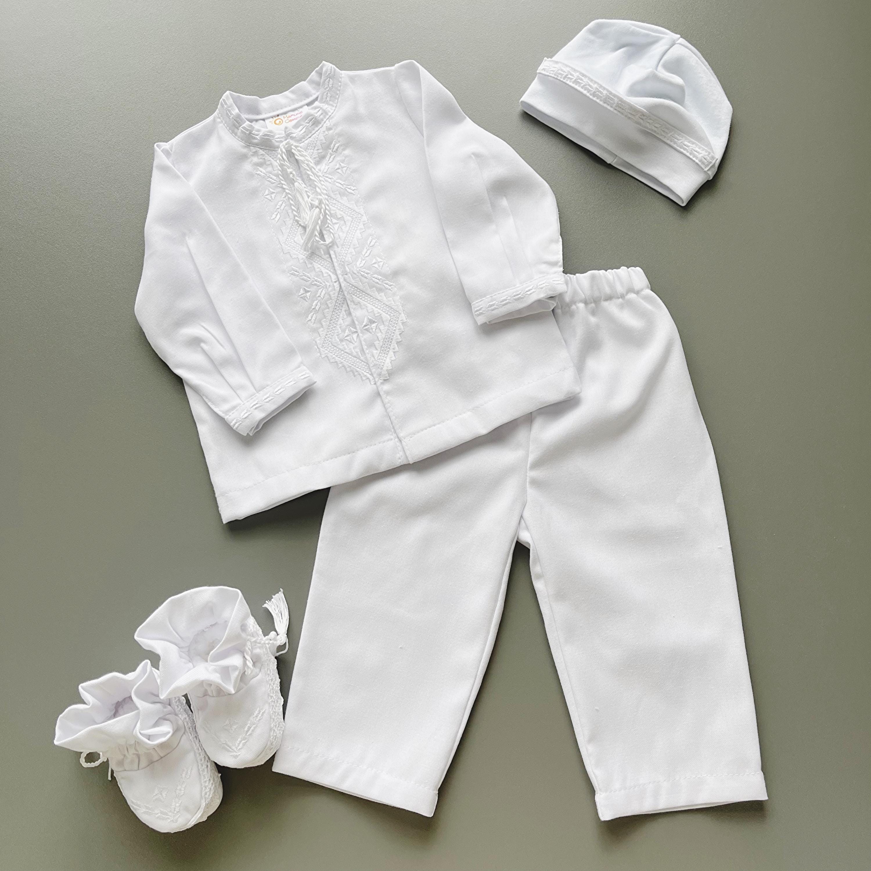 Linen Baby Baptism Outfit | White Christening Set | Embroidered Newborn Clothes | Unisex Dedication Gift | 4-Piece Baby Set