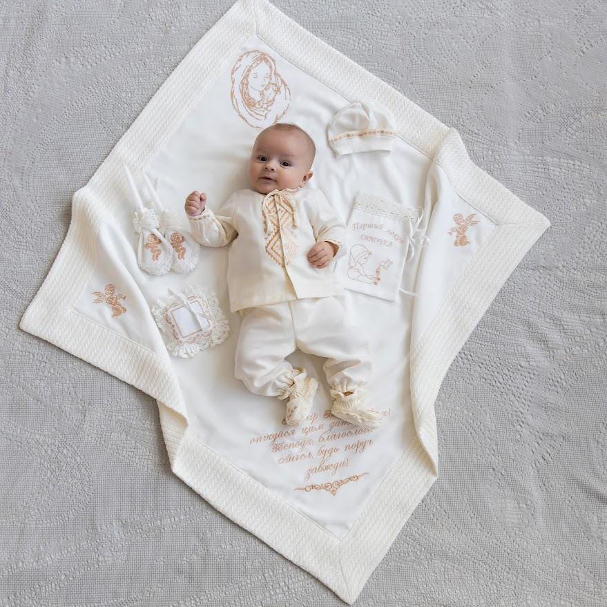 Luxury Linen Christening Set – Ivory Beige Embroidery