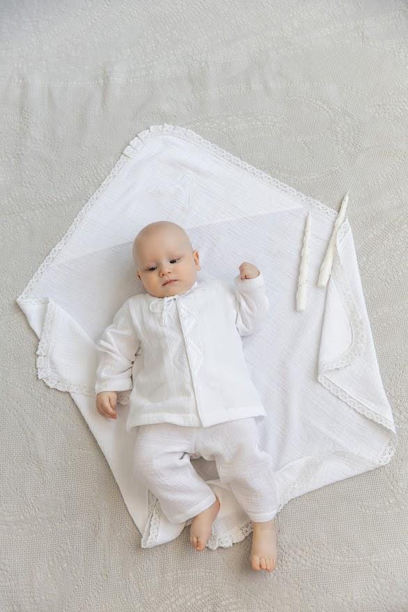 Personalized Baby Baptism Set – Soft Muslin Blanket, Outfit, and Soy Candles Gift Set