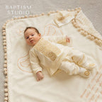 Linen Baptism Set with Plush Blanket & Baby Outfit – Pom-Pom Trim