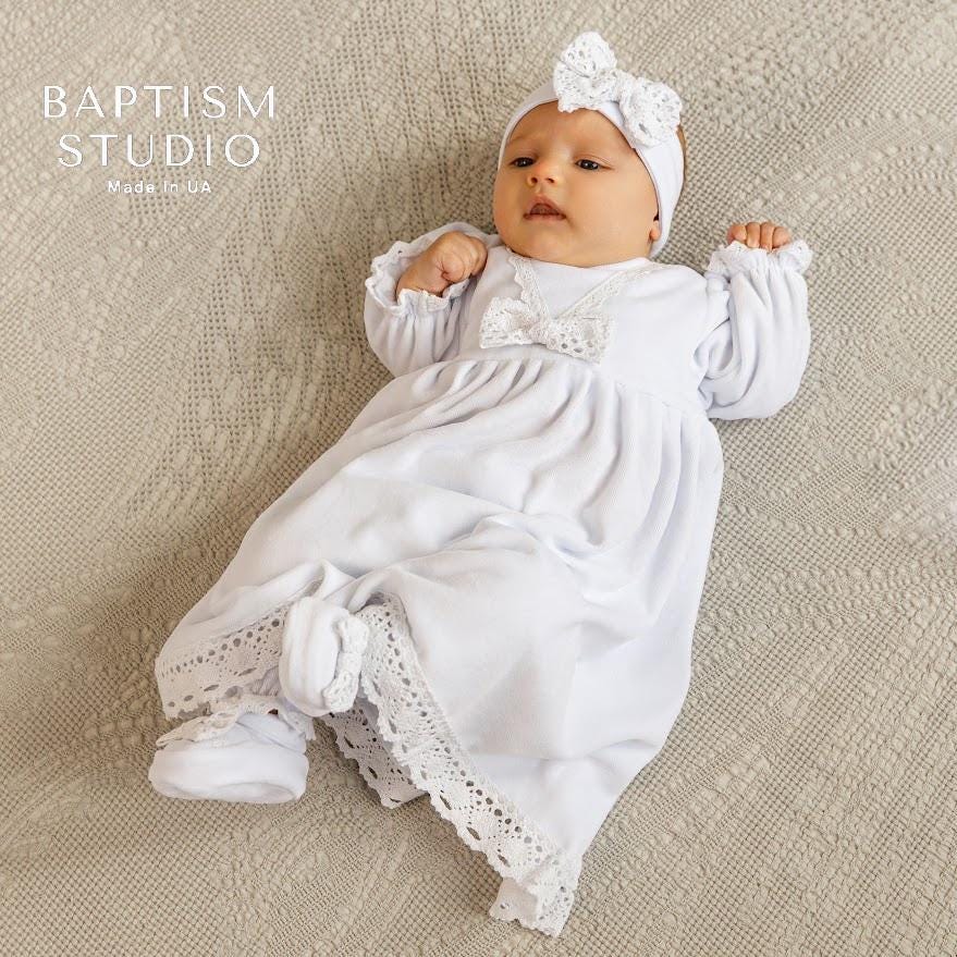 Luxury Baby Baptism Dress  Set – White Baby Girl Christening Gown with Lace – Newborn Baptism Outfit