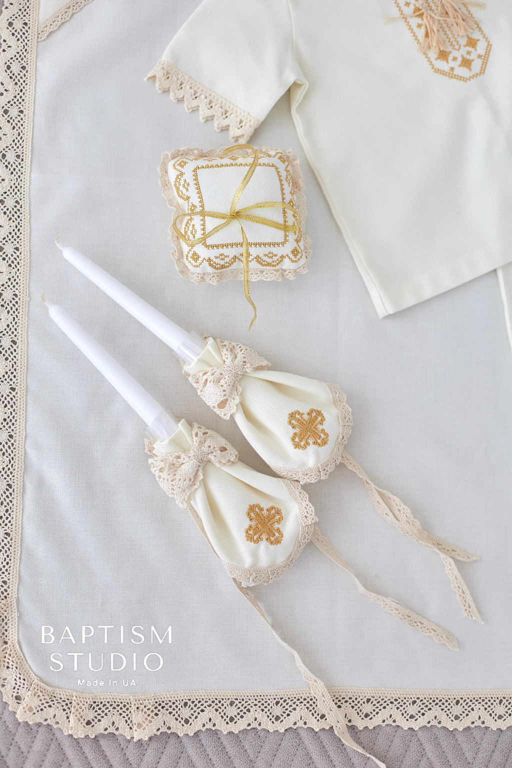 Handmade Ivory Linen Baptism Set – 6-Piece Baby Outfit with Blanket, Booties & Candles