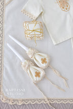 Handmade Ivory Linen Baptism Set – 6-Piece Baby Outfit with Blanket, Booties & Candles