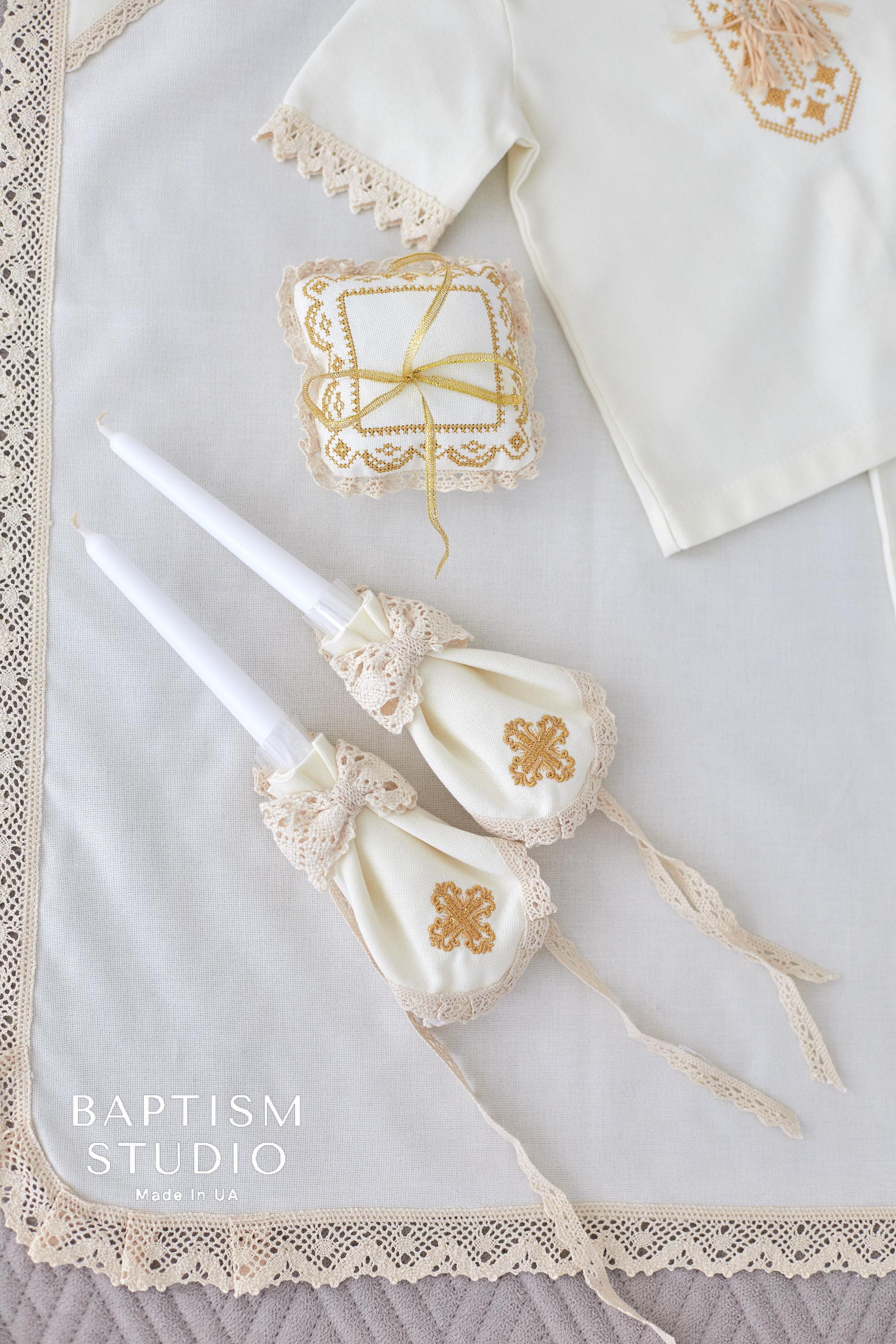 Handmade Ivory Linen Baptism Set – 6-Piece Baby Outfit with Blanket, Booties & Candles