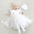 Baby christening dress set with tulle skirt and lace details