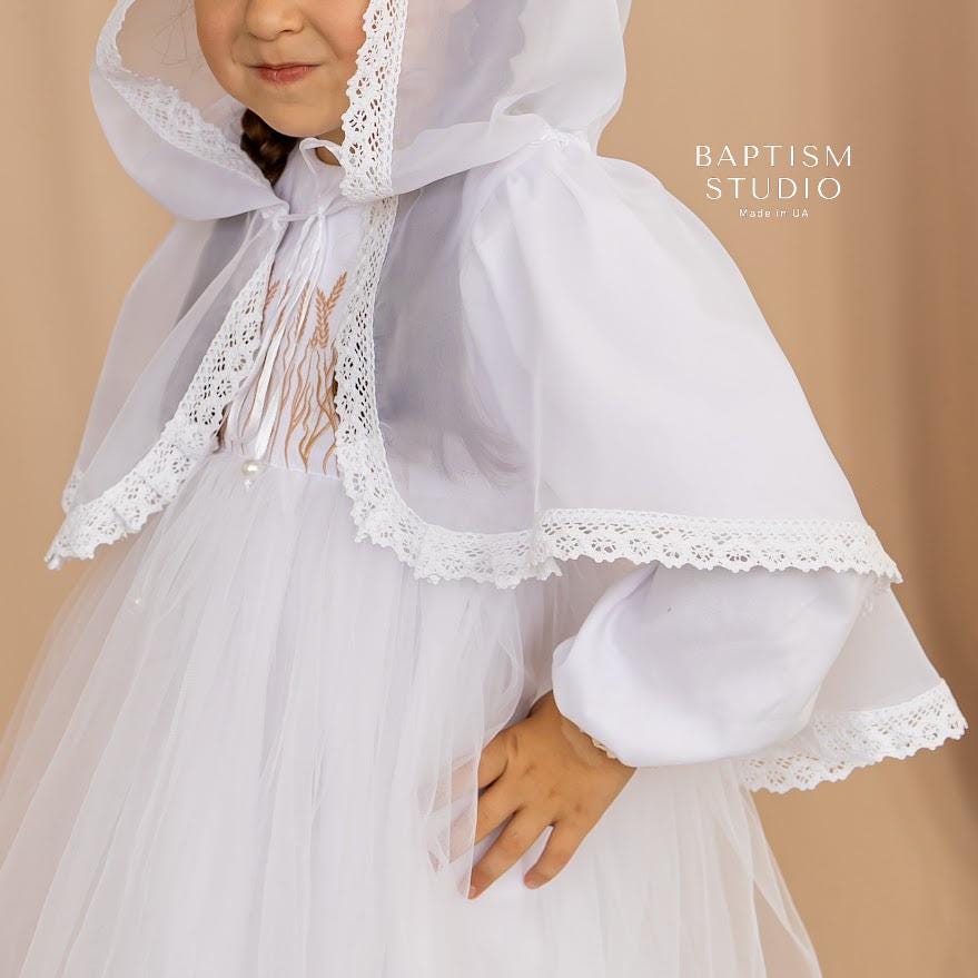 Girl’s christening outfit with hooded veil