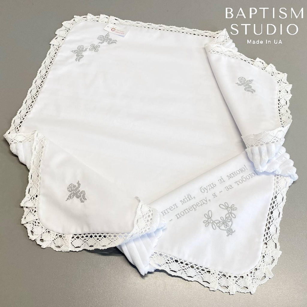 Linen Baptism Blanket with Angel Embroidery and Lace Trim