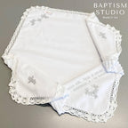Linen Baptism Blanket with Angel Embroidery and Lace Trim