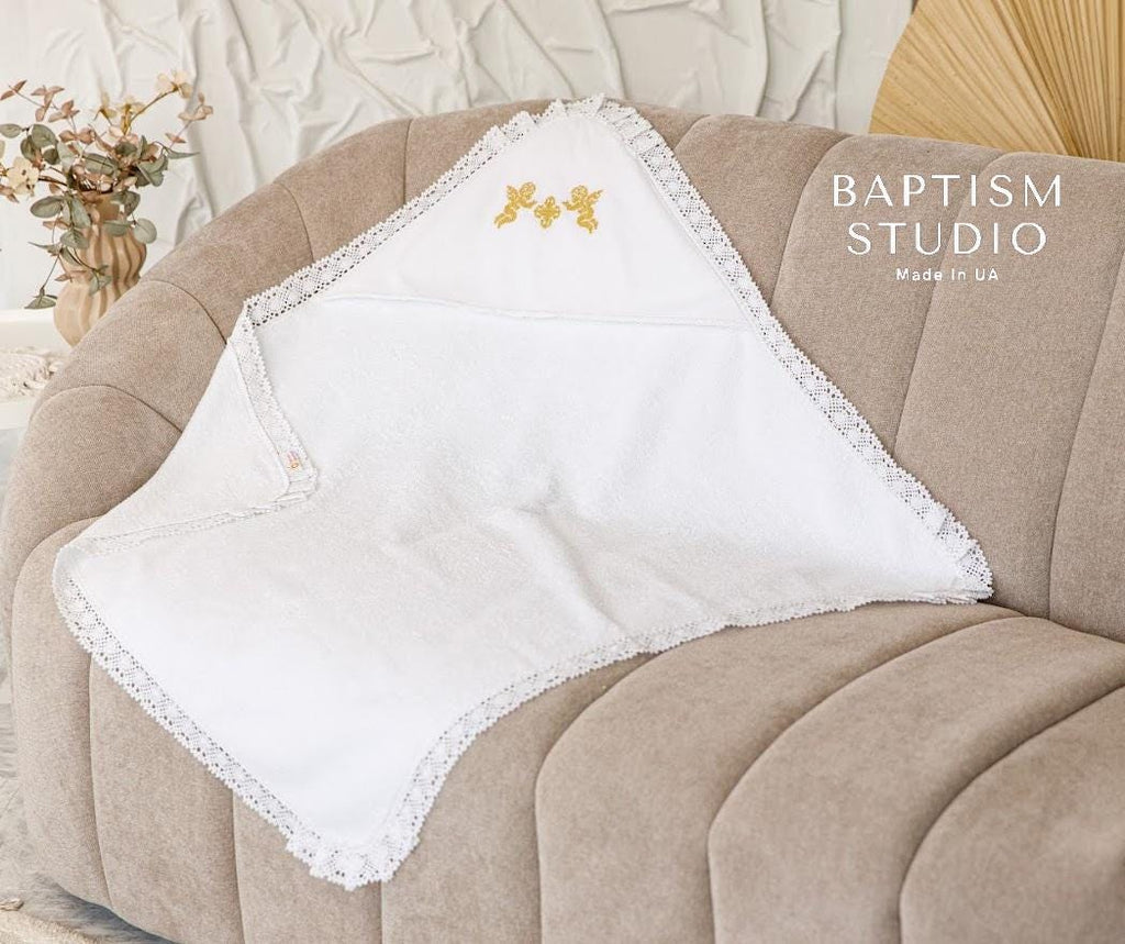Baptism towel with hood for baby – soft cotton, lace trim