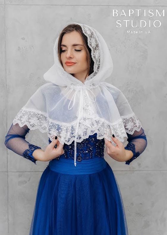 White lace hooded veil with tie ribbon