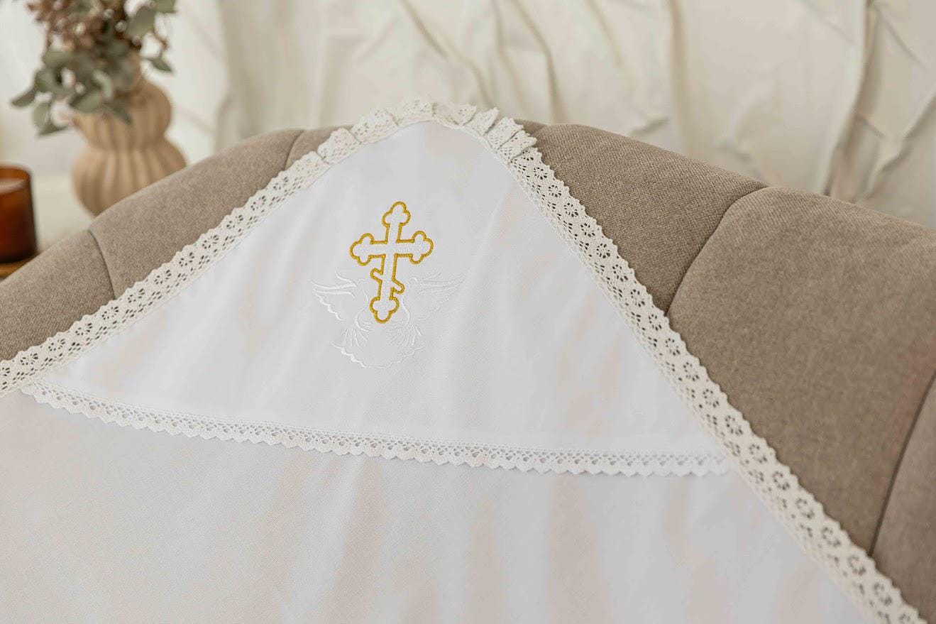 Orthodox Baptism Blanket with Hood – White Linen, Embroidered Cross and Dove, Christening Gift for Baby