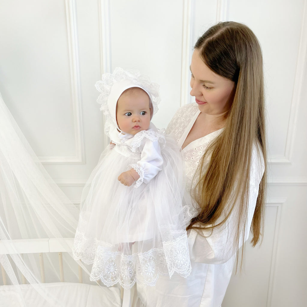 Luxury Linen Baptism Set for Baby Girl – Dress, Bonnet, Pants, Booties, Headband & Personalized Blanket