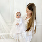 Luxury Linen Baptism Set for Baby Girl – Dress, Bonnet, Pants, Booties, Headband & Personalized Blanket