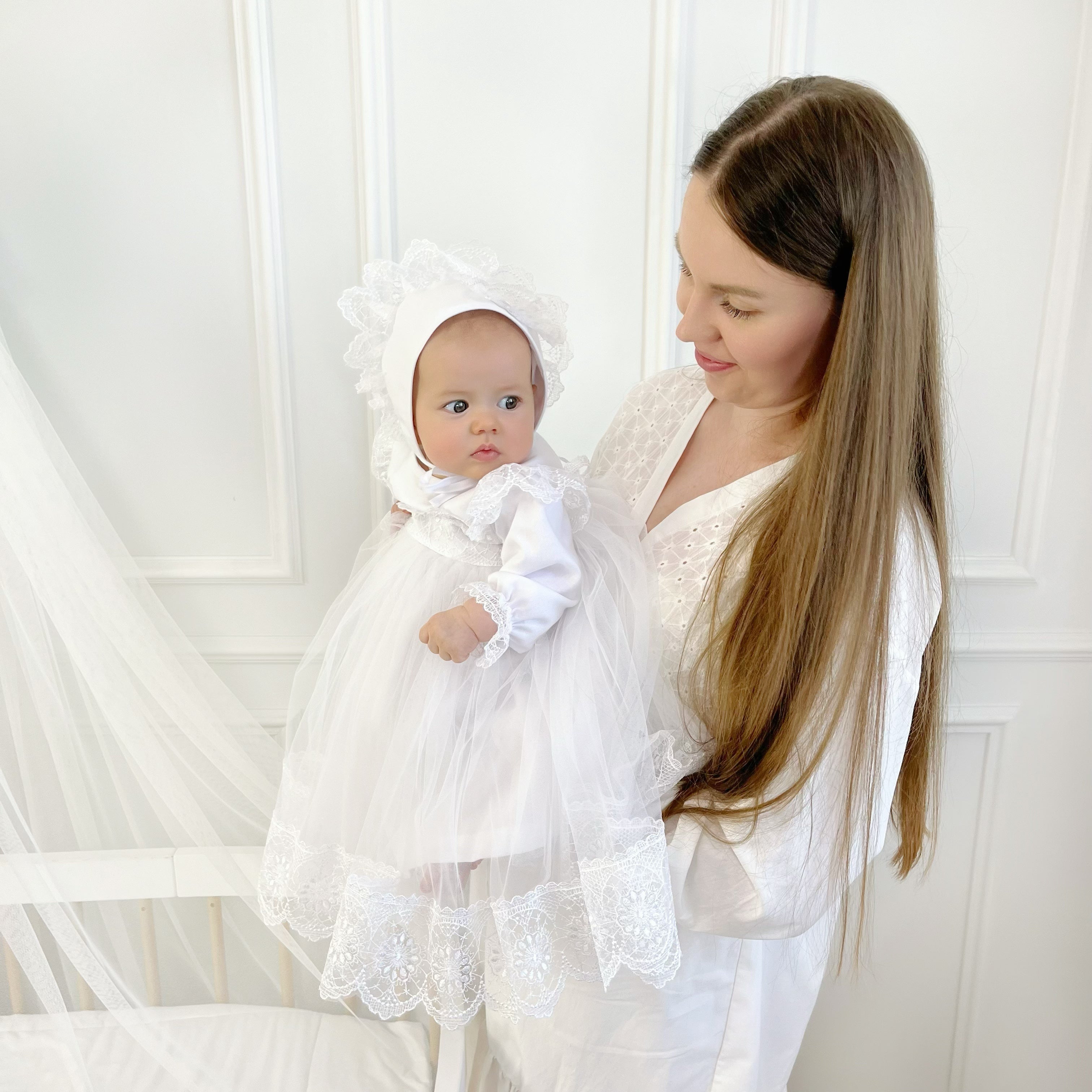 Luxury Linen Baptism Set for Baby Girl – Dress, Bonnet, Pants, Booties, Headband & Personalized Blanket