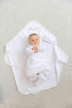 Baby Christening Set – Linen Baptism Outfit with Gown, Pants, Blanket, Bonnet & Booties | Natural White