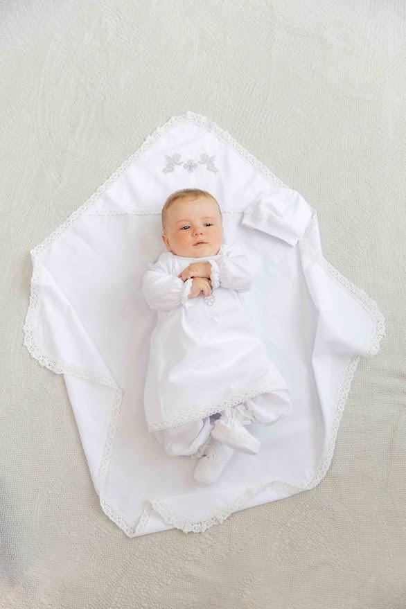 Baby Christening Set – Linen Baptism Outfit with Gown, Pants, Blanket, Bonnet & Booties | Natural White