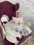 Linen Baptism Dress Set – Voluminous Lace Gown with Bonnet, Booties, Pants & Headband – Natural Christening Outfit