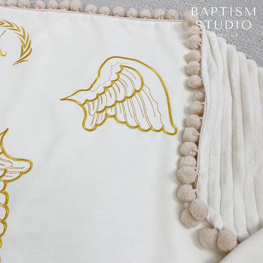 Personalized Baptism Blanket with Angel Wings and Initial – Soft Minky Christening Towel with Gold Embroidery