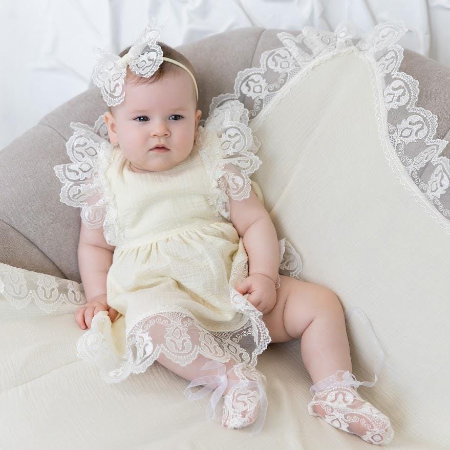 Ivory Muslin Baptism Set for Baby Girl