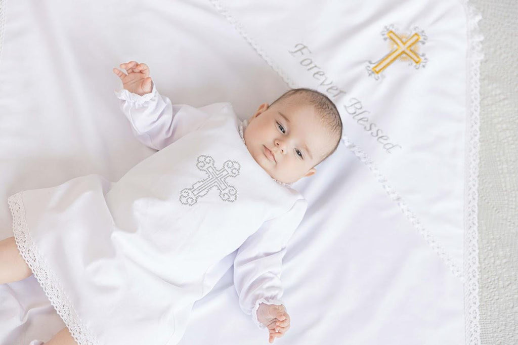Personalized Christening Blanket with Embroidered Cross – Baptism Shawl with Lace Trim