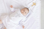 Personalized Christening Blanket with Embroidered Cross – Baptism Shawl with Lace Trim