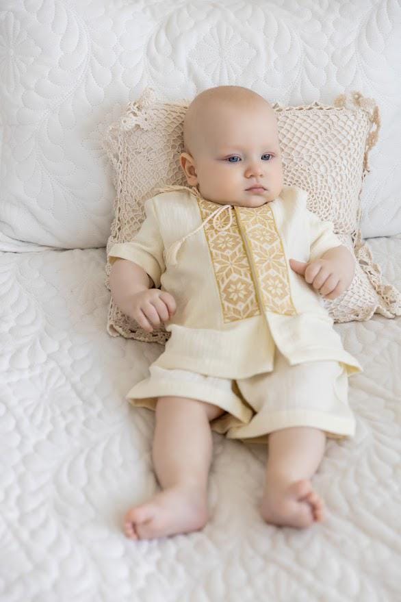 Ivory Muslin Summer Baptism Outfit for Baby Boy