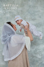 Luxury Linen Baptism Outfit for Baby Boy with Gold Embroidery