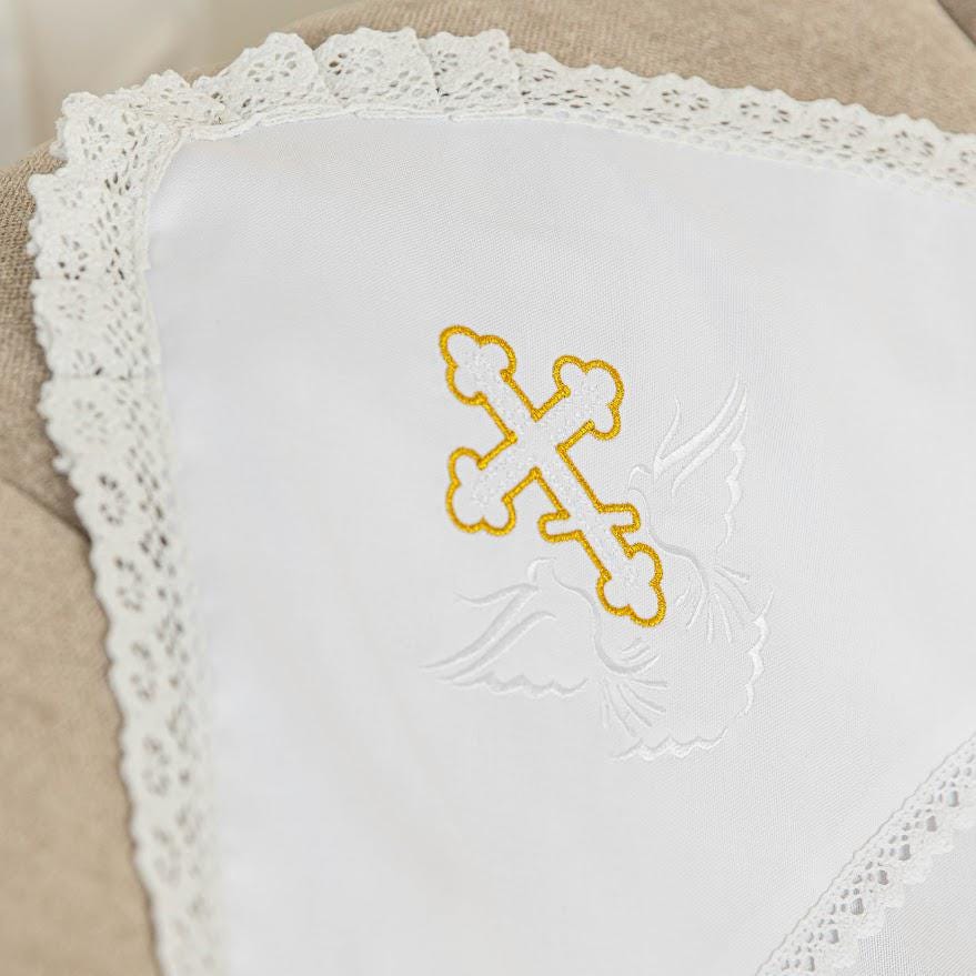 Orthodox Baptism Blanket with Hood – White Linen, Embroidered Cross and Dove, Christening Gift for Baby