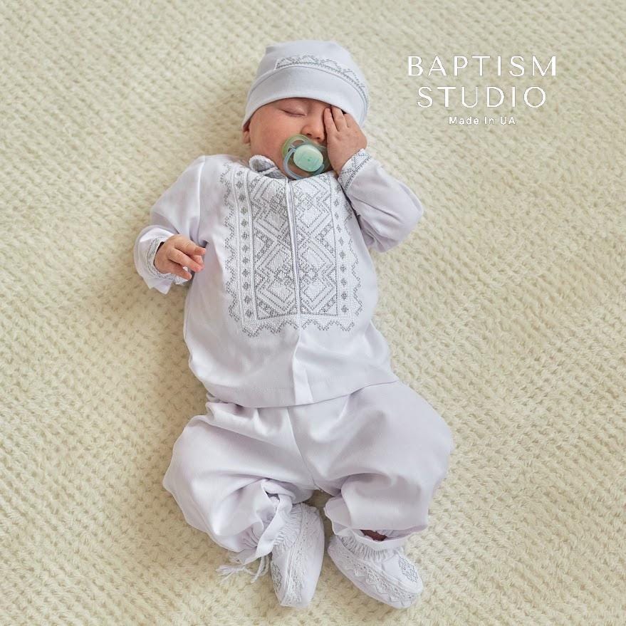 Linen Baby Boy Baptism Outfit – Ukrainian Christening Set with Silver Embroidery (4 pcs)