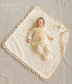 Linen Baptism Set with Plush Blanket & Baby Outfit – Pom-Pom Trim
