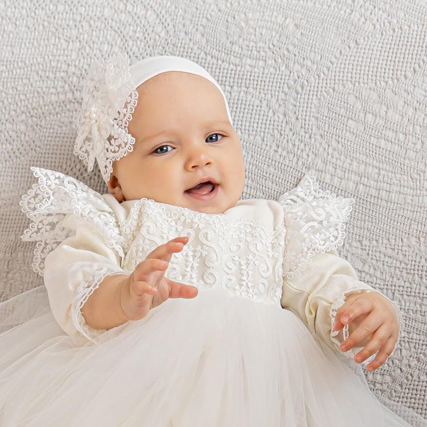 Luxury Linen Christening Outfit – Ivory Baptism Set for Baby Girl - Outfit & Blanket, mini pillow, candles