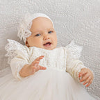 Luxury Linen Christening Outfit – Ivory Baptism Set for Baby Girl - Outfit & Blanket, mini pillow, candles