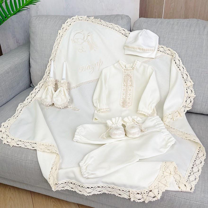 Linen Baptism Set for Baby – Christening Outfit with Blanket, Booties, Hat & Candles | Personalized Christening Gift