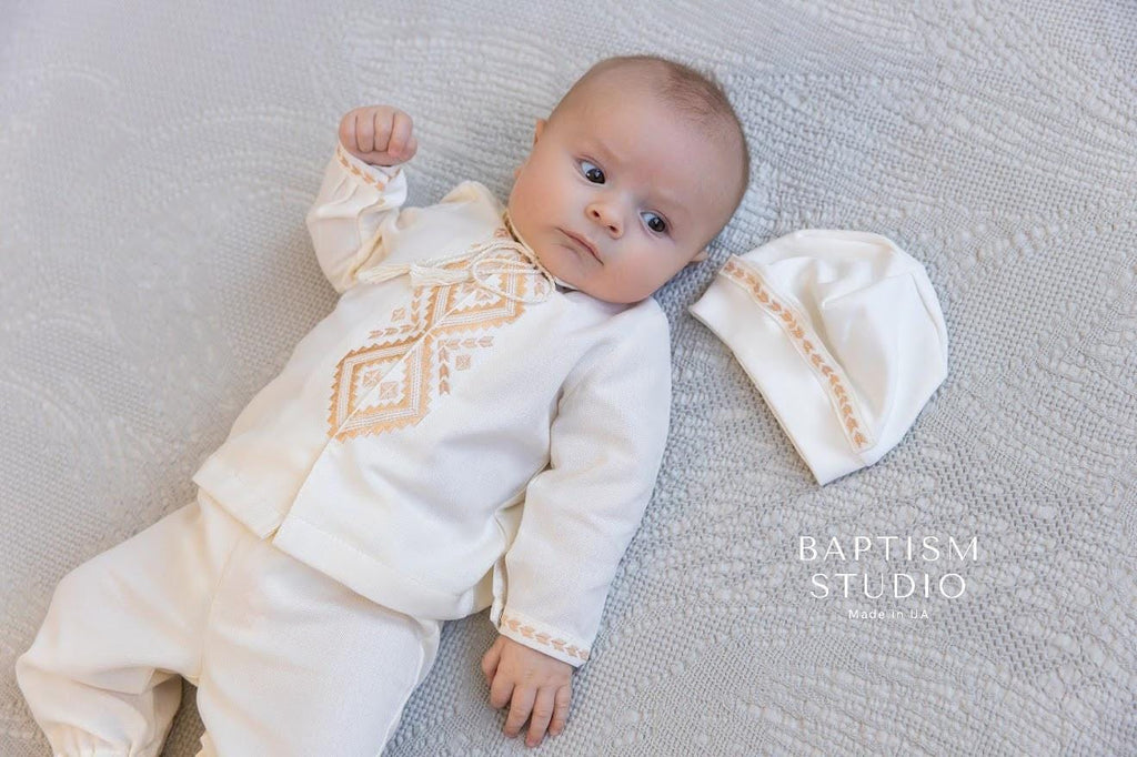 Boys' Baptism Outfit  – Ivory with Beige Embroidery (Shirt, Pants, Booties, Hat), Christening Gown BoyBoys Baptism Gown