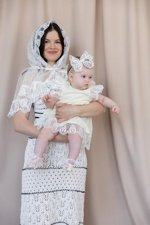 Elegant baptism set for baby girl with dress, booties and headband