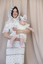 Elegant baptism set for baby girl with dress, booties and headband
