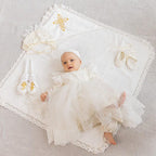 Luxury Linen Christening Outfit – Ivory Baptism Set for Baby Girl - Outfit & Blanket, mini pillow, candles