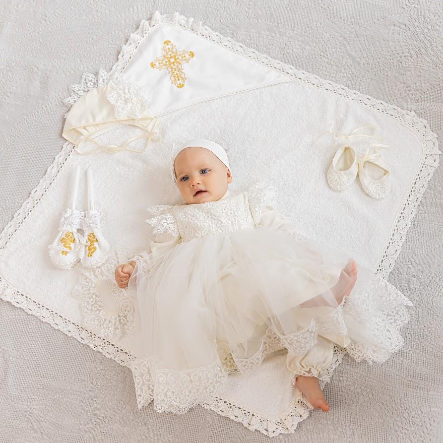 Luxury Linen Christening Outfit – Ivory Baptism Set for Baby Girl - Outfit & Blanket, mini pillow, candles