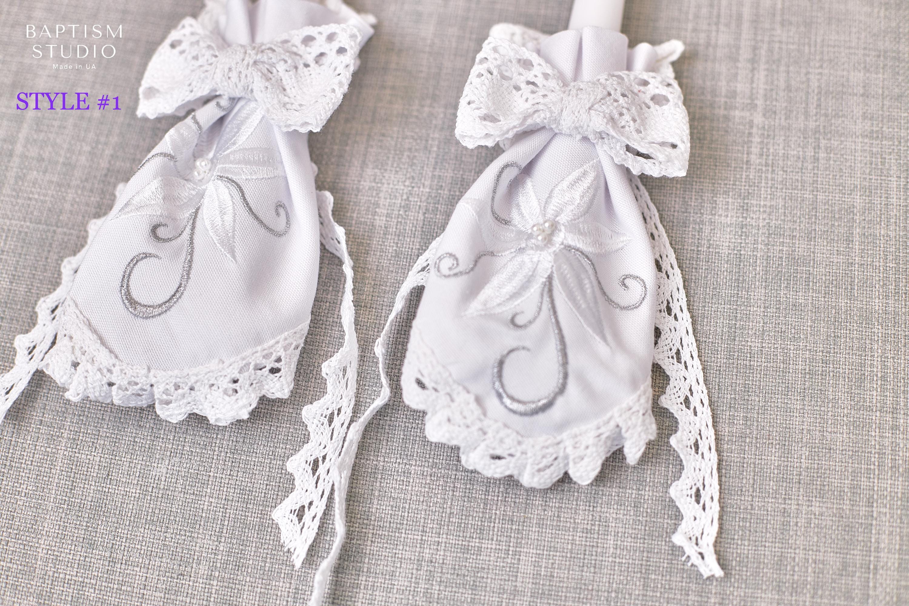 Handmade White Christening Candle Set – Elegant Lace & Silver Embroidery