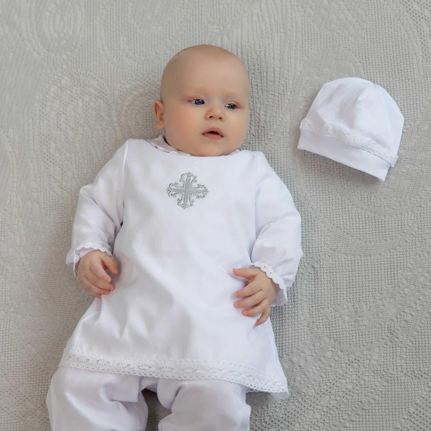 Personalized baptism bib with silver embroidery