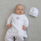 Personalized baptism bib with silver embroidery