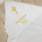 Personalized Linen Baptism Cloth – Embroidered Christening Shawl – Custom Baby Blanket