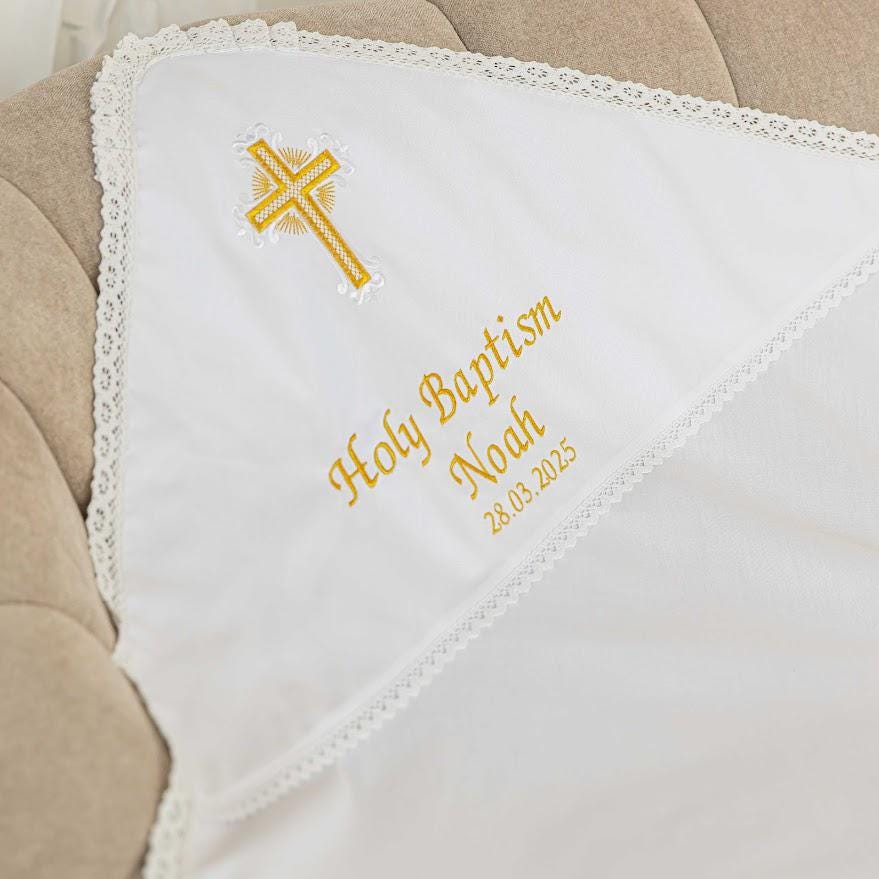 Personalized Linen Baptism Cloth – Embroidered Christening Shawl – Custom Baby Blanket