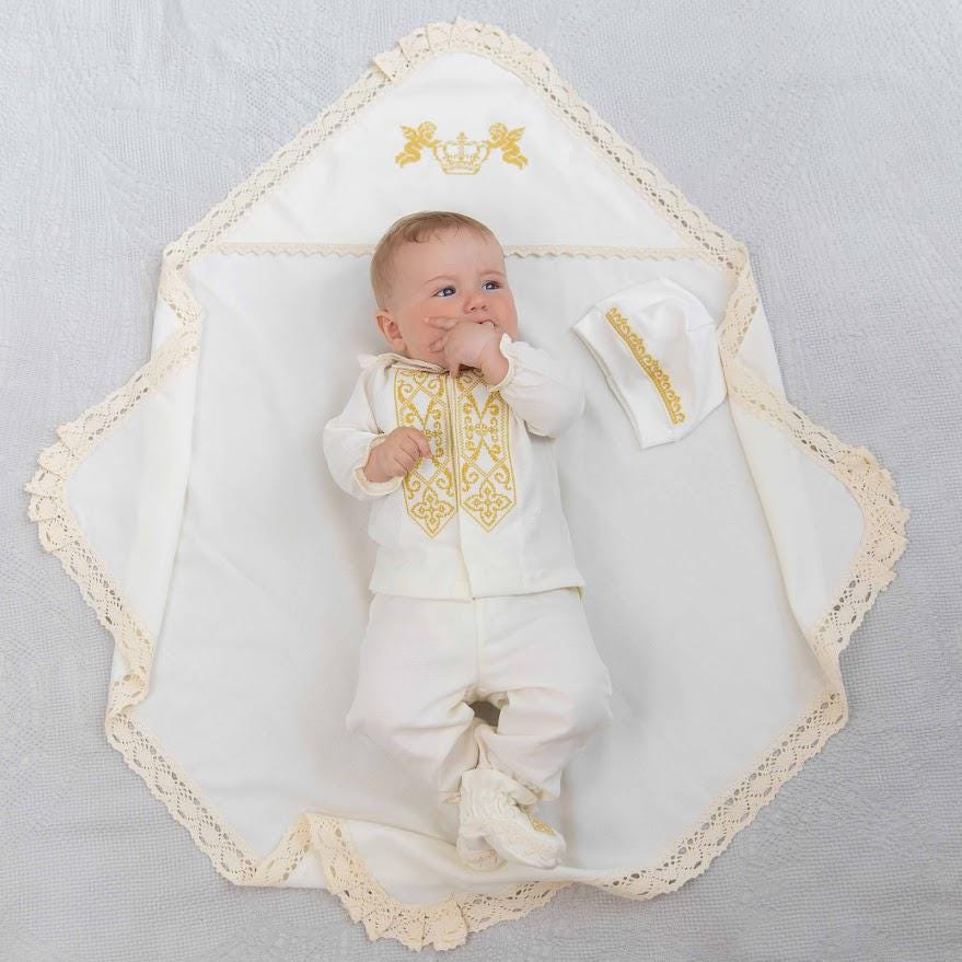 Handmade christening set with embroidered blanket