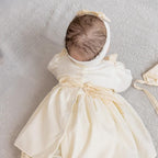 Linen Baby Baptism Outfit Set with Natural Lace – Dress, Bonnet, Headband, Pants & Booties