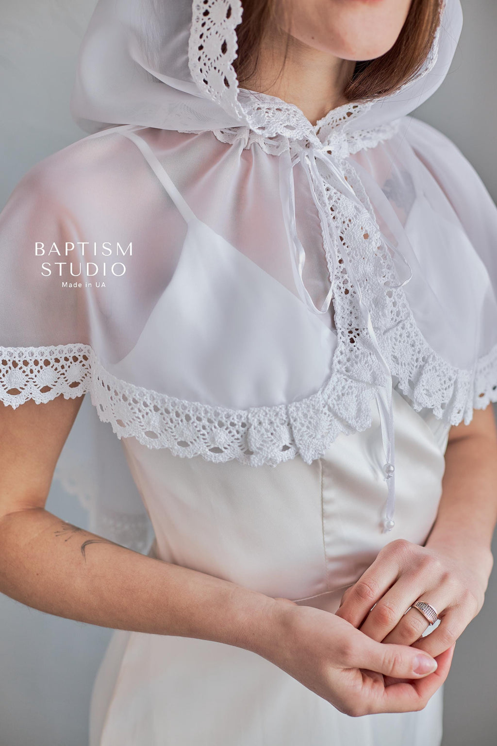 White Baptism Palantine with Lace | Chiffon Head Covering | Ships from USA